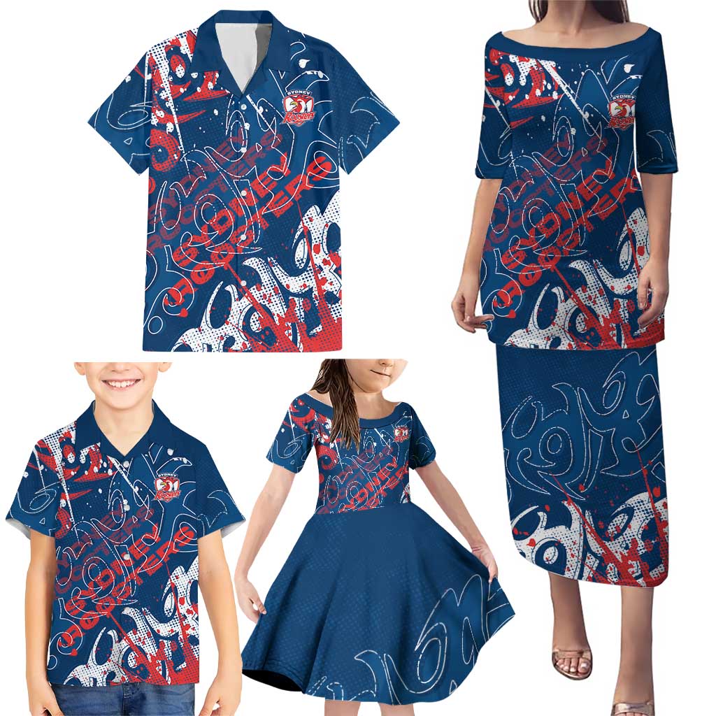 Personalized Sydney Roosters Rugby Family Matching Puletasi and Hawaiian Shirt Urban Street Graffiti Style - Distressed Splatter Elements