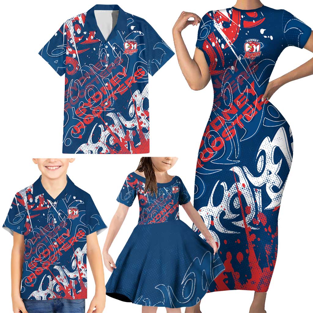 Personalized Sydney Roosters Rugby Family Matching Short Sleeve Bodycon Dress and Hawaiian Shirt Urban Street Graffiti Style - Distressed Splatter Elements