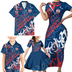 Personalized Sydney Roosters Rugby Family Matching Short Sleeve Bodycon Dress and Hawaiian Shirt Urban Street Graffiti Style - Distressed Splatter Elements