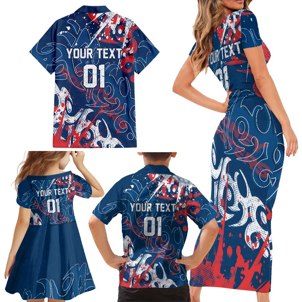 Personalized Sydney Roosters Rugby Family Matching Short Sleeve Bodycon Dress and Hawaiian Shirt Urban Street Graffiti Style - Distressed Splatter Elements