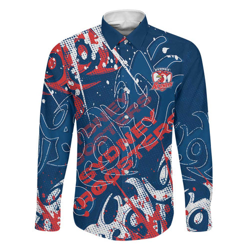 Personalized Sydney Roosters Rugby Family Matching Short Sleeve Bodycon Dress and Hawaiian Shirt Urban Street Graffiti Style - Distressed Splatter Elements