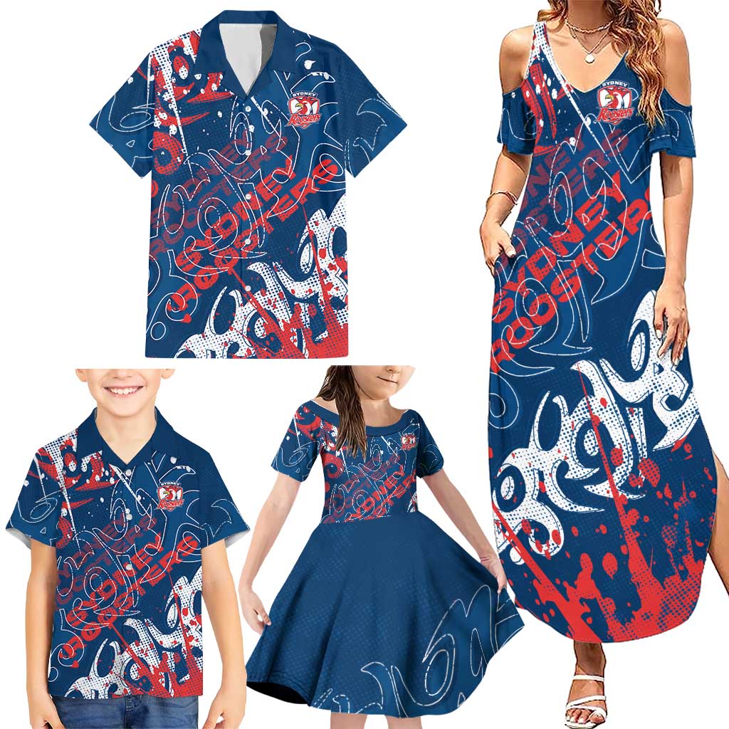 Personalized Sydney Roosters Rugby Family Matching Summer Maxi Dress and Hawaiian Shirt Urban Street Graffiti Style - Distressed Splatter Elements