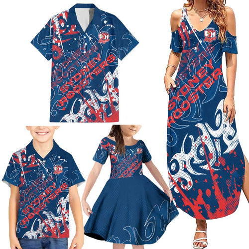 Personalized Sydney Roosters Rugby Family Matching Summer Maxi Dress and Hawaiian Shirt Urban Street Graffiti Style - Distressed Splatter Elements