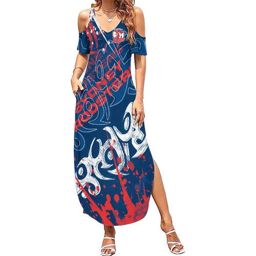 Personalized Sydney Roosters Rugby Family Matching Summer Maxi Dress and Hawaiian Shirt Urban Street Graffiti Style - Distressed Splatter Elements