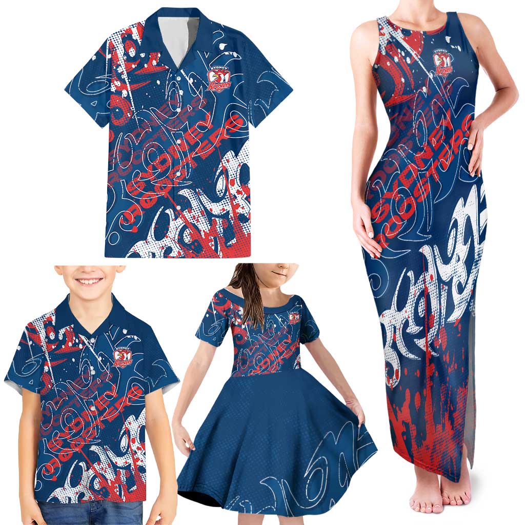 Personalized Sydney Roosters Rugby Family Matching Tank Maxi Dress and Hawaiian Shirt Urban Street Graffiti Style - Distressed Splatter Elements