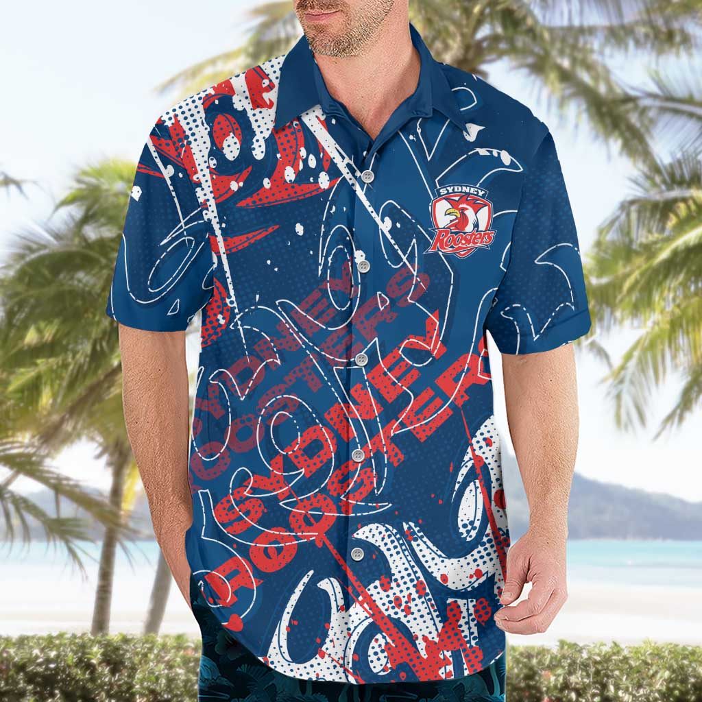 Personalized Sydney Roosters Rugby Hawaiian Shirt Urban Street Graffiti Style - Distressed Splatter Elements