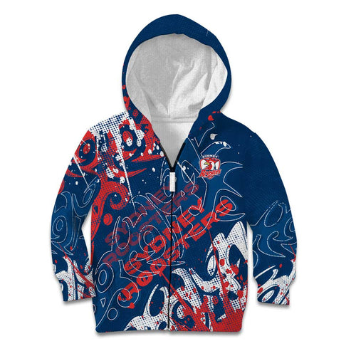 Personalized Sydney Roosters Rugby Kid Hoodie Urban Street Graffiti Style - Distressed Splatter Elements