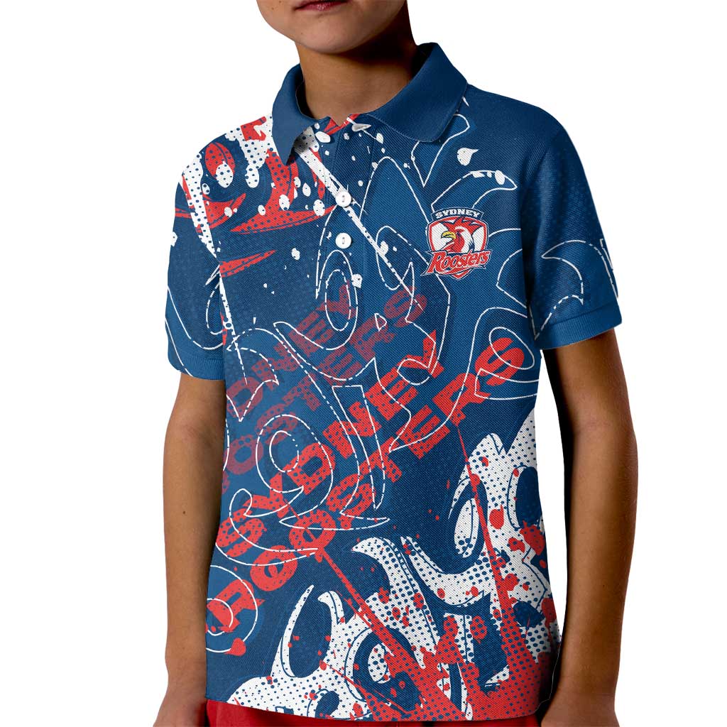 Personalized Sydney Roosters Rugby Kid Polo Shirt Urban Street Graffiti Style - Distressed Splatter Elements
