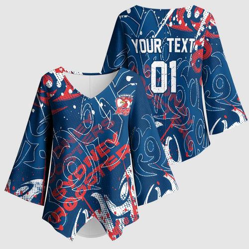 Personalized Sydney Roosters Rugby Kimono Sleeve Blouse Urban Street Graffiti Style - Distressed Splatter Elements