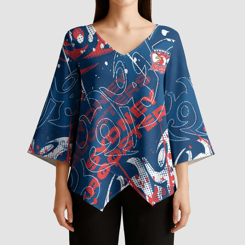Personalized Sydney Roosters Rugby Kimono Sleeve Blouse Urban Street Graffiti Style - Distressed Splatter Elements