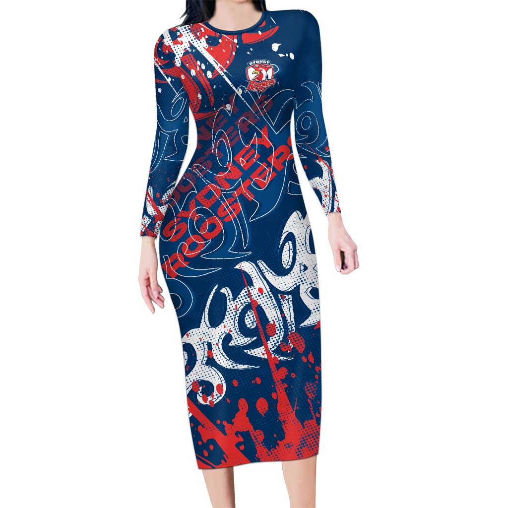 Personalized Sydney Roosters Rugby Long Sleeve Bodycon Dress Urban Street Graffiti Style - Distressed Splatter Elements
