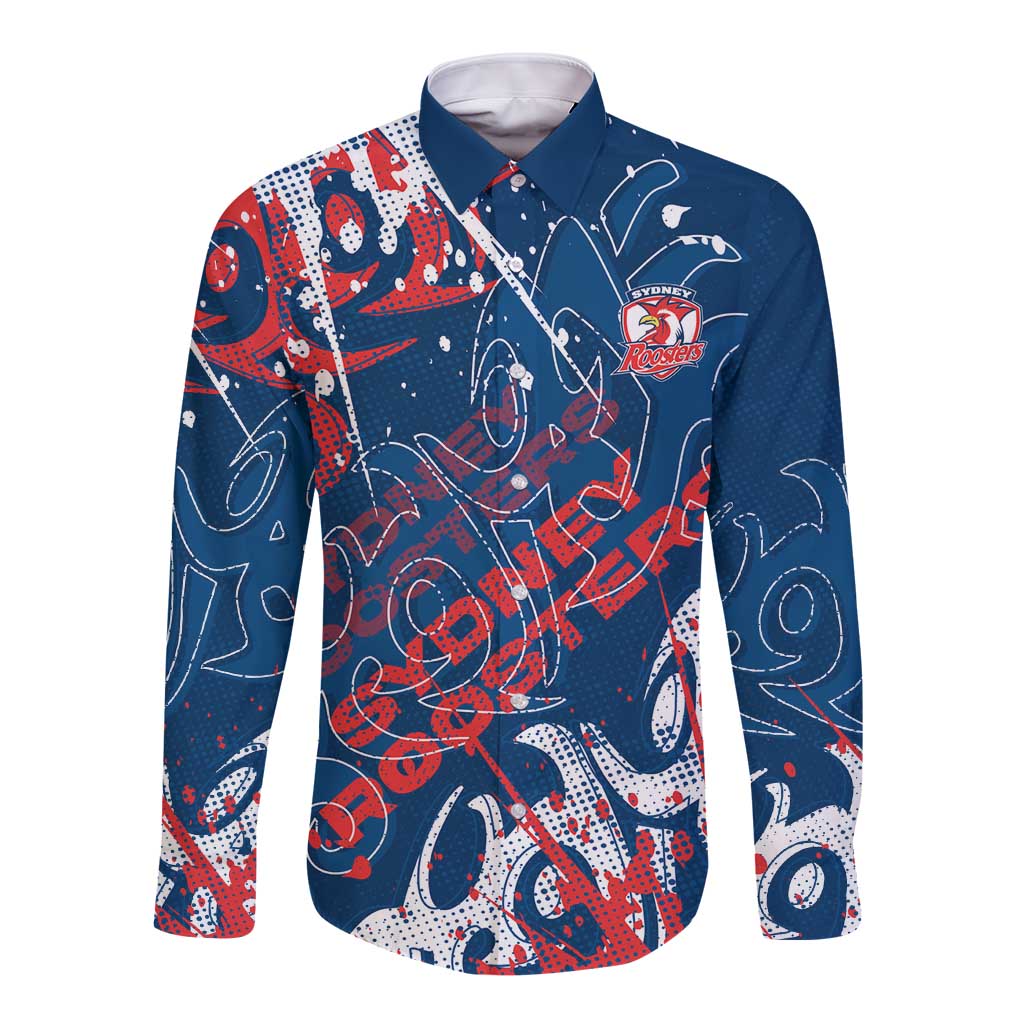 Personalized Sydney Roosters Rugby Long Sleeve Button Shirt Urban Street Graffiti Style - Distressed Splatter Elements