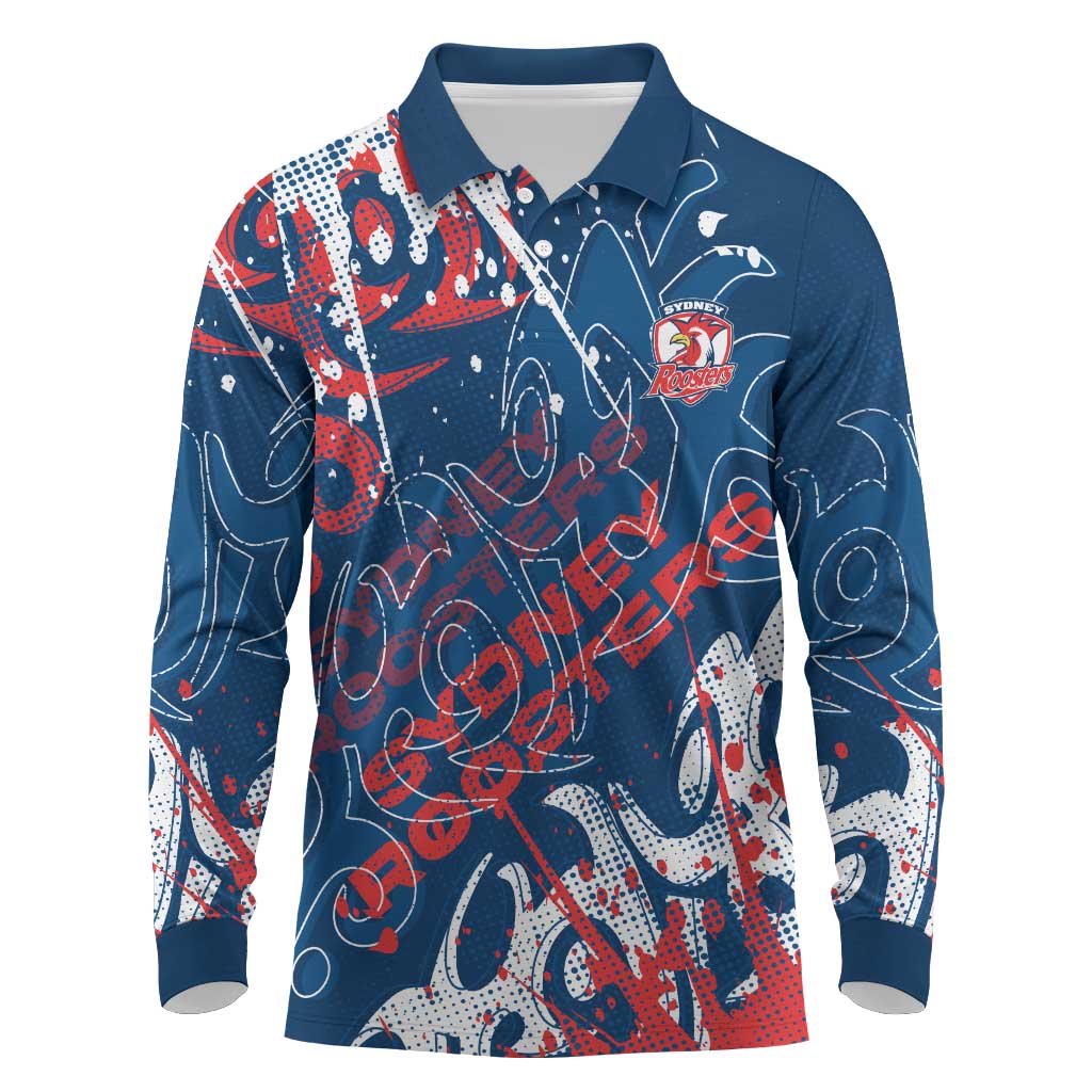 Personalized Sydney Roosters Rugby Long Sleeve Polo Shirt Urban Street Graffiti Style - Distressed Splatter Elements