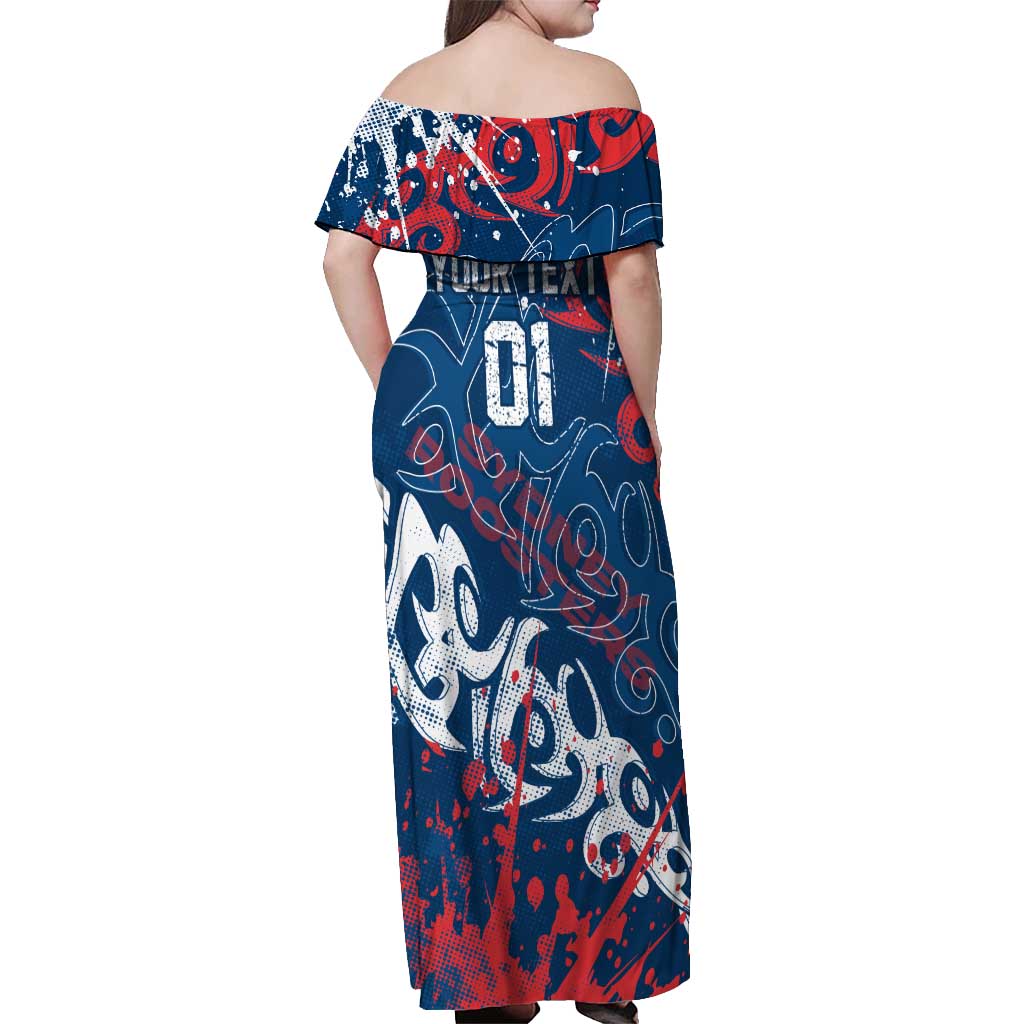 Personalized Sydney Roosters Rugby Off Shoulder Maxi Dress Urban Street Graffiti Style - Distressed Splatter Elements