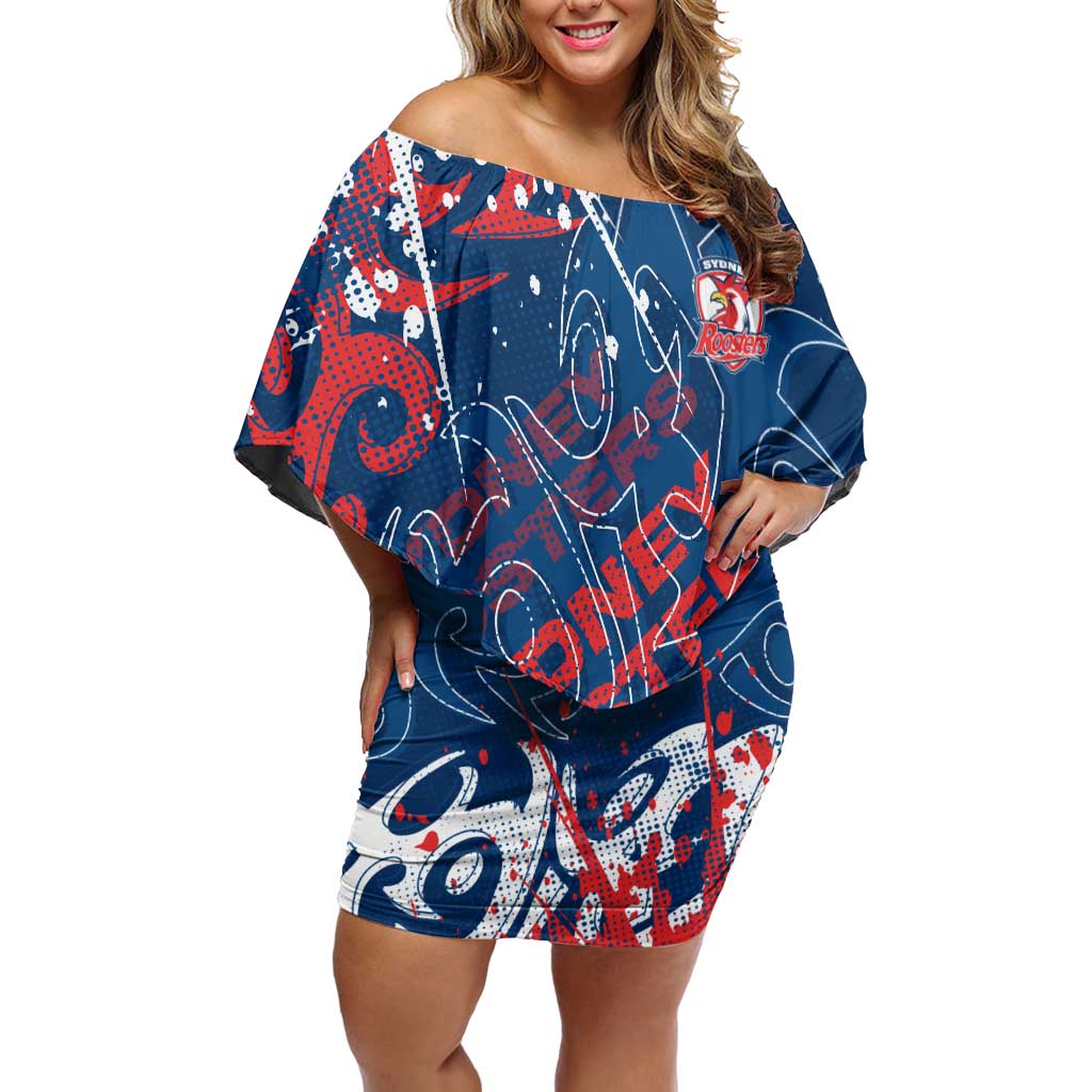 Personalized Sydney Roosters Rugby Off Shoulder Short Dress Urban Street Graffiti Style - Distressed Splatter Elements