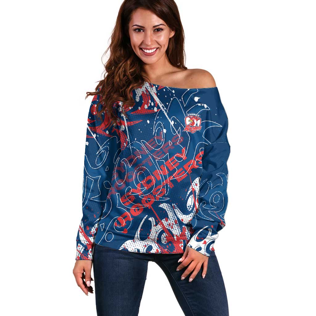 Personalized Sydney Roosters Rugby Off Shoulder Sweater Urban Street Graffiti Style - Distressed Splatter Elements