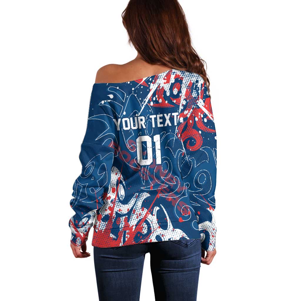 Personalized Sydney Roosters Rugby Off Shoulder Sweater Urban Street Graffiti Style - Distressed Splatter Elements