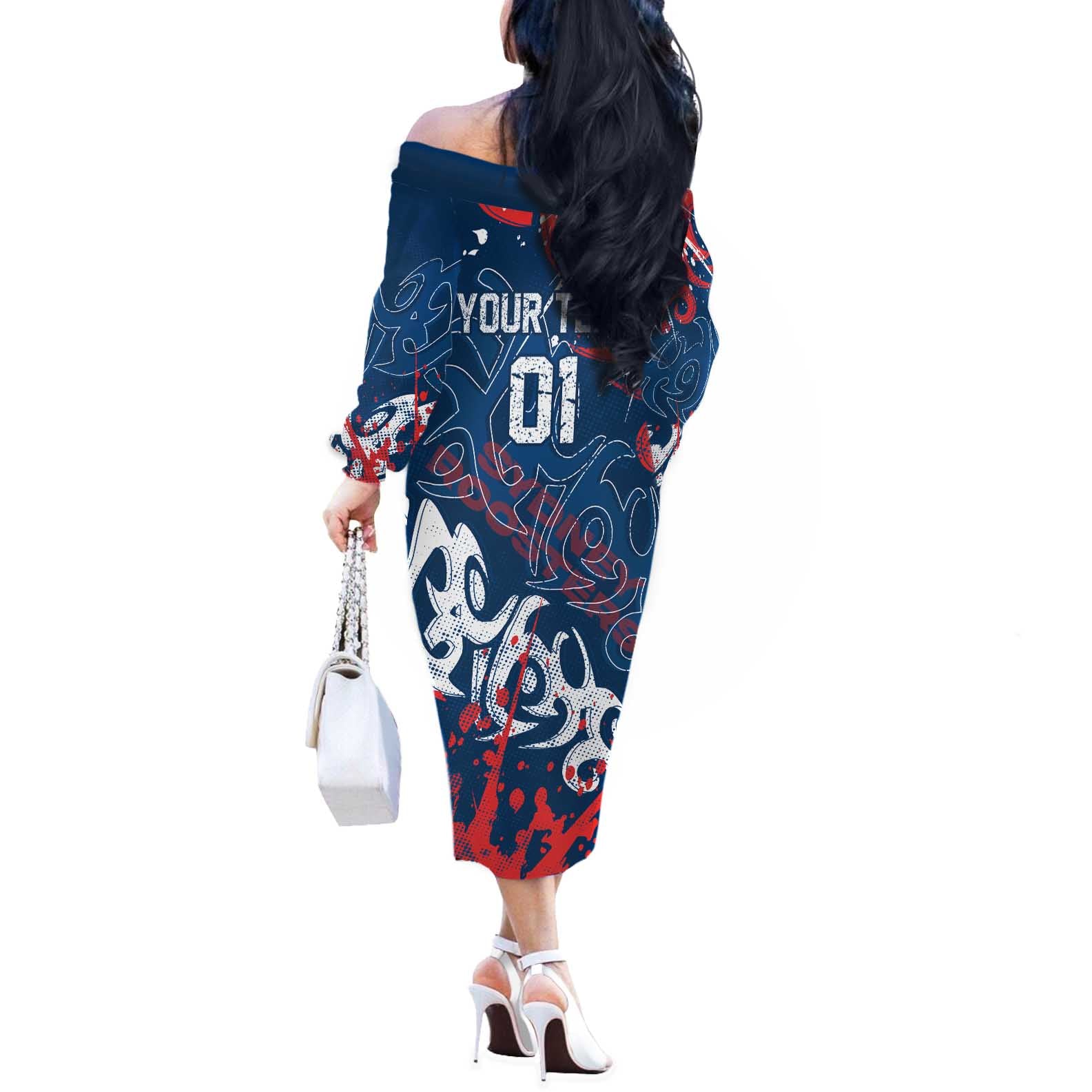 Personalized Sydney Roosters Rugby Off The Shoulder Long Sleeve Dress Urban Street Graffiti Style - Distressed Splatter Elements