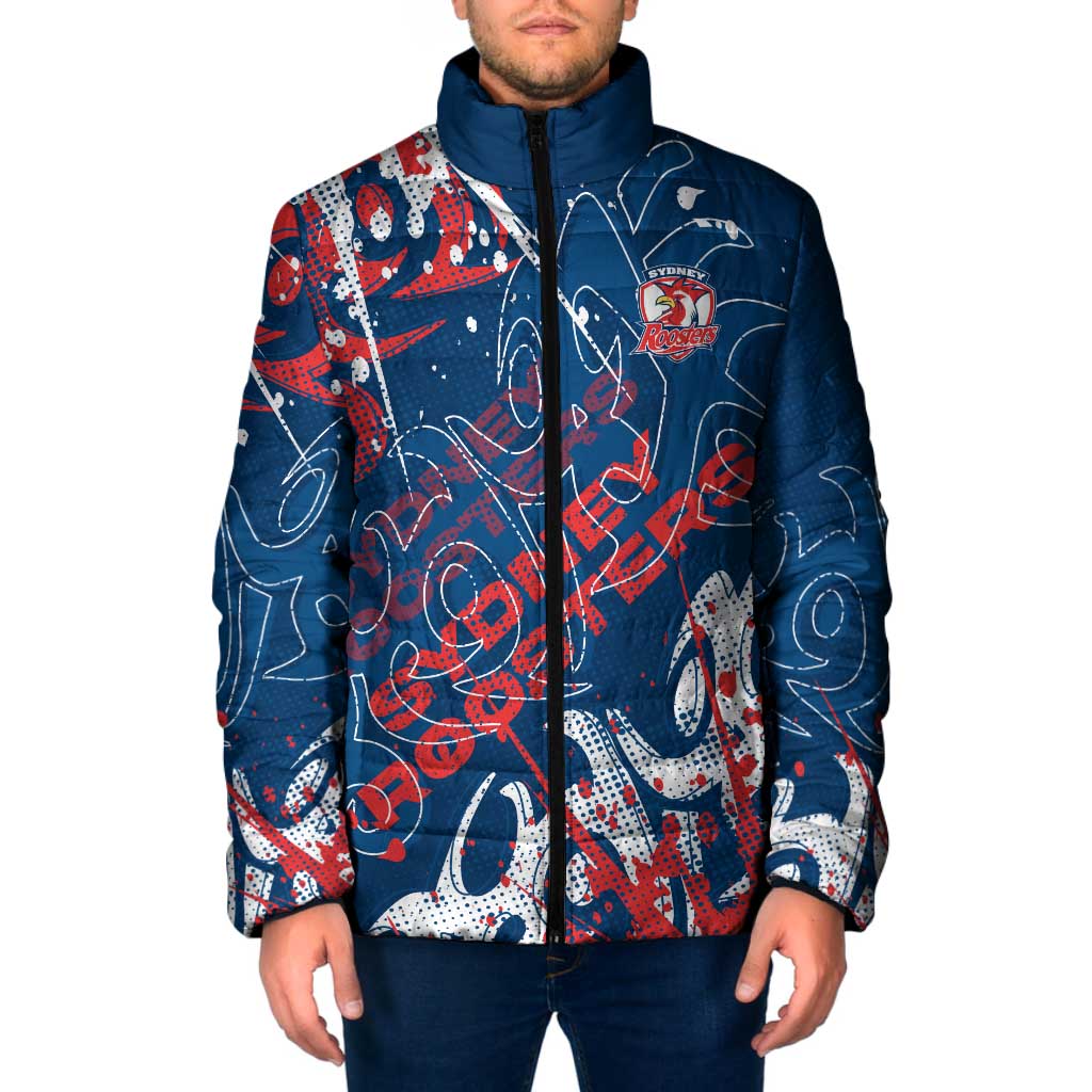 Personalized Sydney Roosters Rugby Padded Jacket Urban Street Graffiti Style - Distressed Splatter Elements