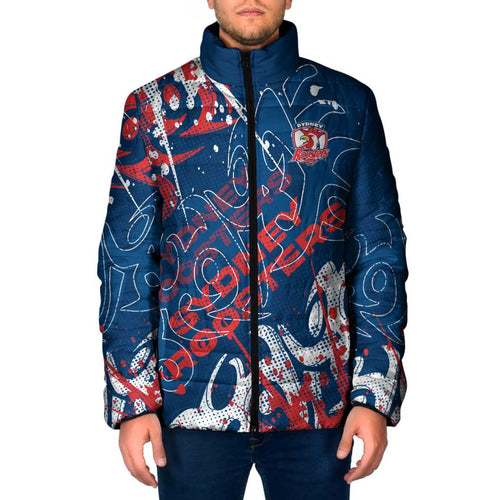 Personalized Sydney Roosters Rugby Padded Jacket Urban Street Graffiti Style - Distressed Splatter Elements
