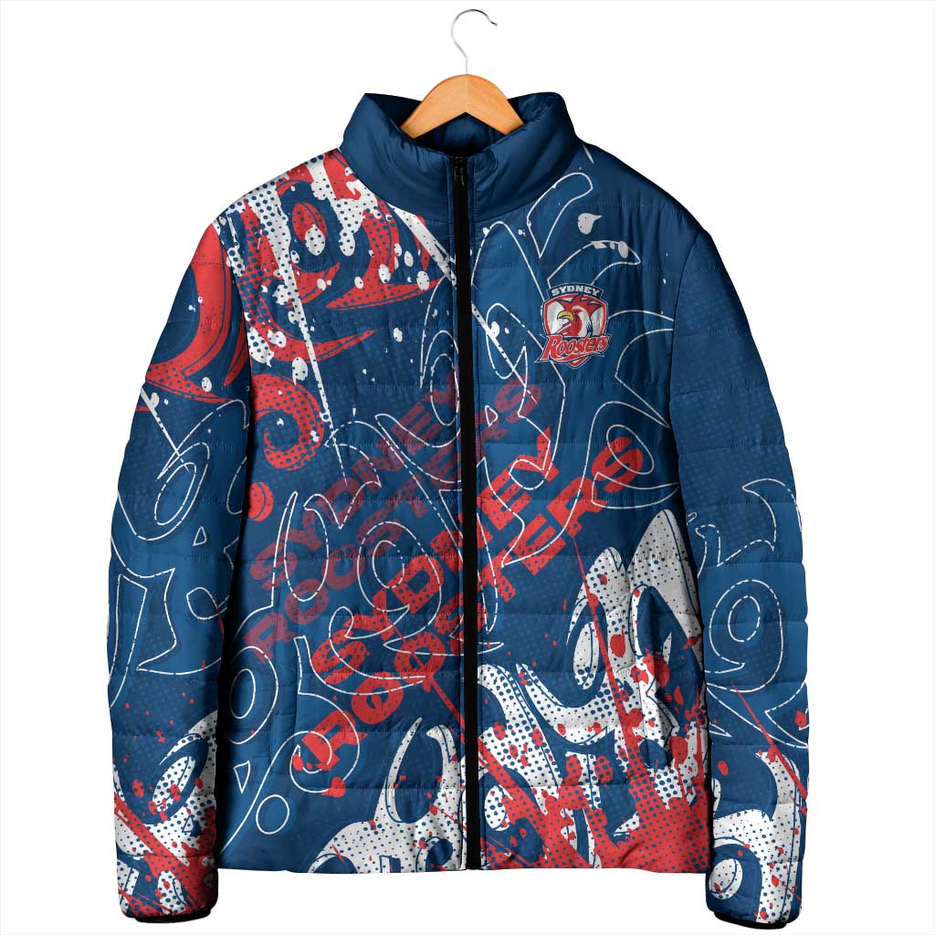 Personalized Sydney Roosters Rugby Padded Jacket Urban Street Graffiti Style - Distressed Splatter Elements