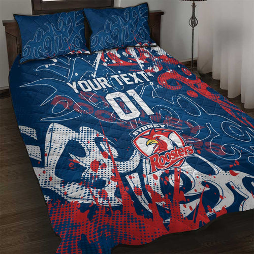 Personalized Sydney Roosters Rugby Quilt Bed Set Urban Street Graffiti Style - Distressed Splatter Elements