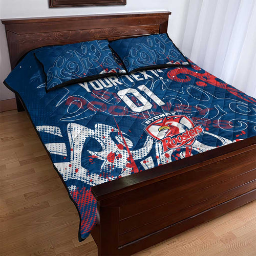 Personalized Sydney Roosters Rugby Quilt Bed Set Urban Street Graffiti Style - Distressed Splatter Elements
