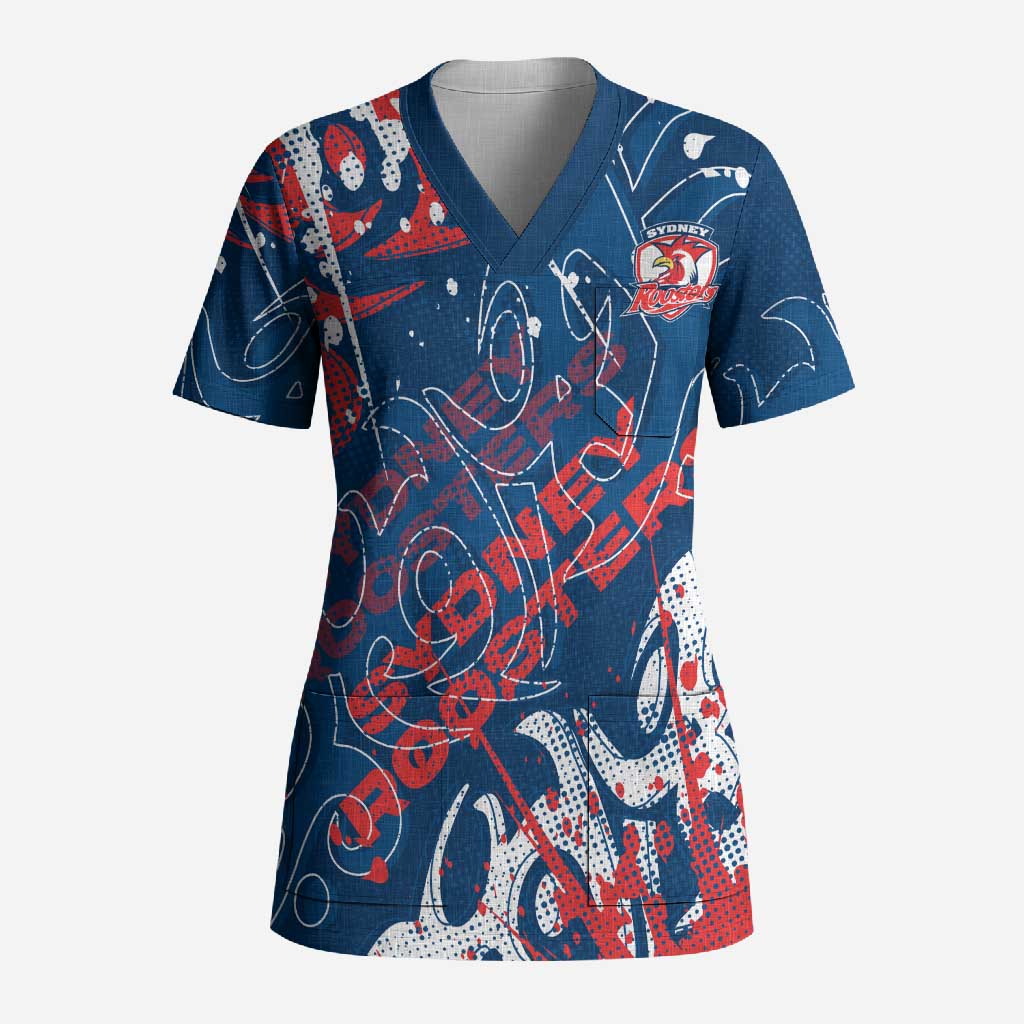 Personalized Sydney Roosters Rugby Scrub Top Urban Street Graffiti Style - Distressed Splatter Elements