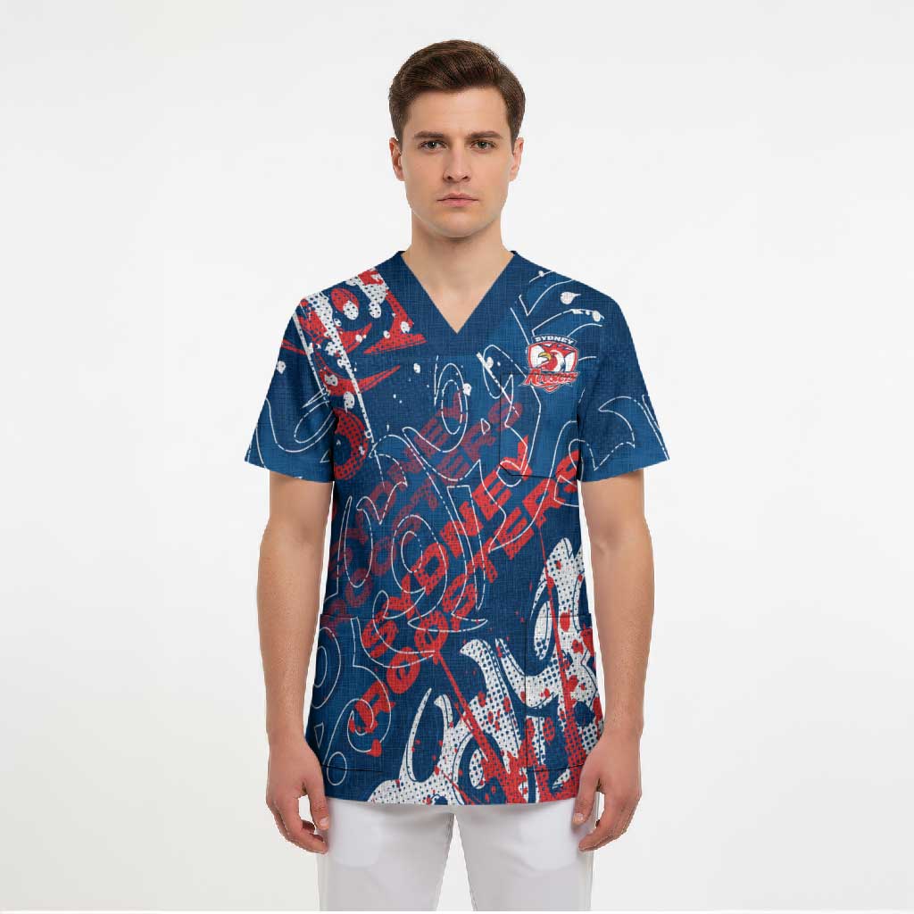 Personalized Sydney Roosters Rugby Scrub Top Urban Street Graffiti Style - Distressed Splatter Elements