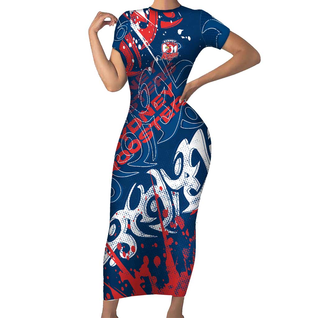 Personalized Sydney Roosters Rugby Short Sleeve Bodycon Dress Urban Street Graffiti Style - Distressed Splatter Elements
