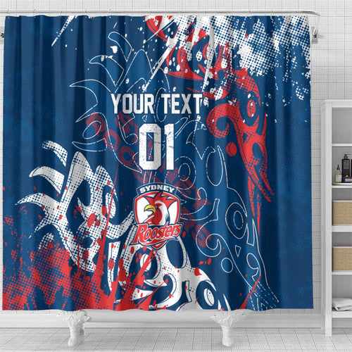 Personalized Sydney Roosters Rugby Shower Curtain Urban Street Graffiti Style - Distressed Splatter Elements