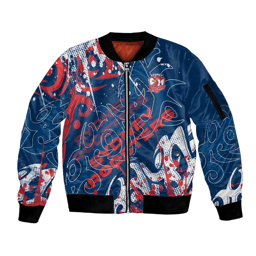 Personalized Sydney Roosters Rugby Sleeve Zip Bomber Jacket Urban Street Graffiti Style - Distressed Splatter Elements