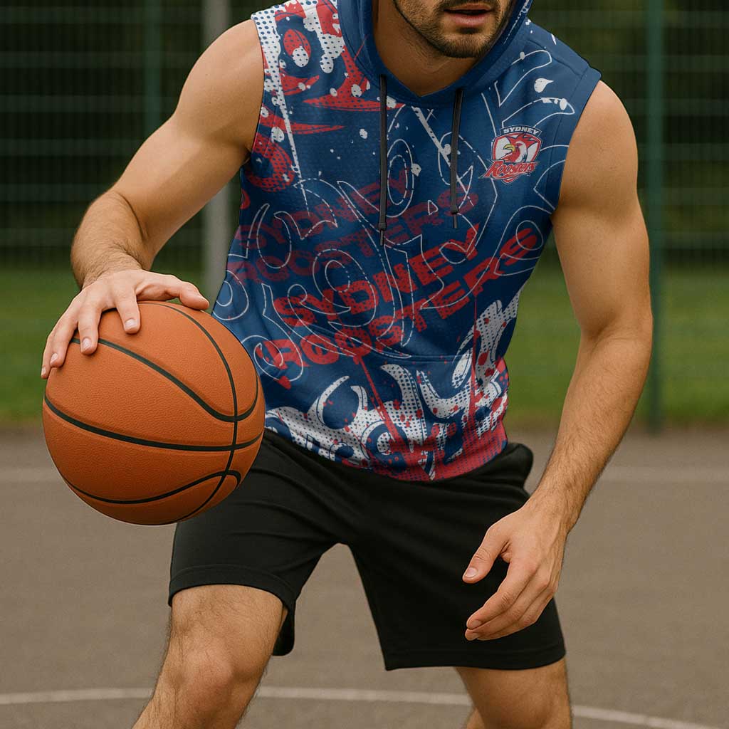 Personalized Sydney Roosters Rugby Sleeveless Hoodie Urban Street Graffiti Style - Distressed Splatter Elements