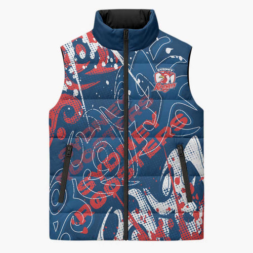 Personalized Sydney Roosters Rugby Sleeveless Puffer Jacket Urban Street Graffiti Style - Distressed Splatter Elements