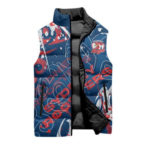 Personalized Sydney Roosters Rugby Sleeveless Puffer Jacket Urban Street Graffiti Style - Distressed Splatter Elements