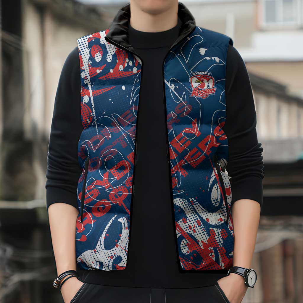 Personalized Sydney Roosters Rugby Sleeveless Puffer Jacket Urban Street Graffiti Style - Distressed Splatter Elements