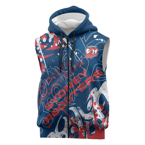 Personalized Sydney Roosters Rugby Sleeveless Zip Hoodie Urban Street Graffiti Style - Distressed Splatter Elements