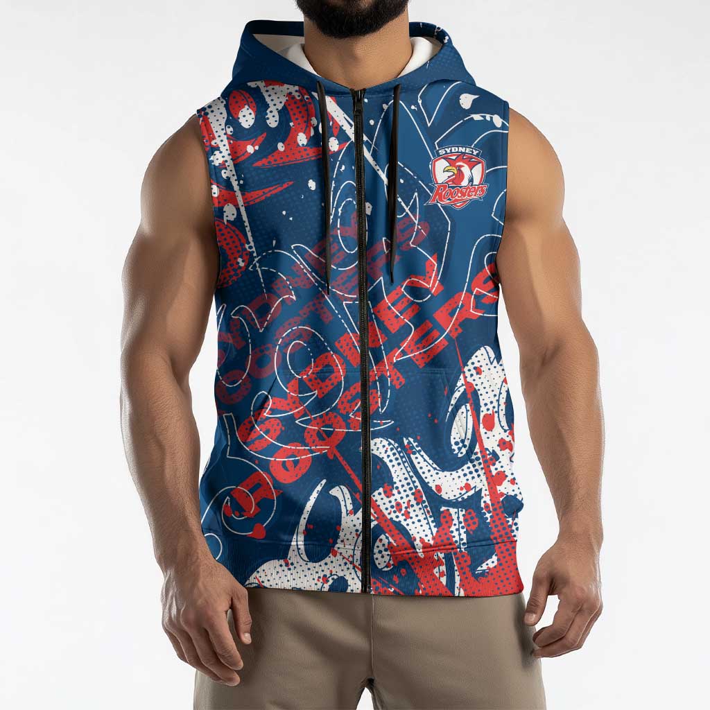 Personalized Sydney Roosters Rugby Sleeveless Zip Hoodie Urban Street Graffiti Style - Distressed Splatter Elements