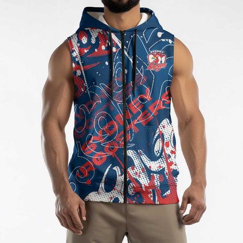 Personalized Sydney Roosters Rugby Sleeveless Zip Hoodie Urban Street Graffiti Style - Distressed Splatter Elements
