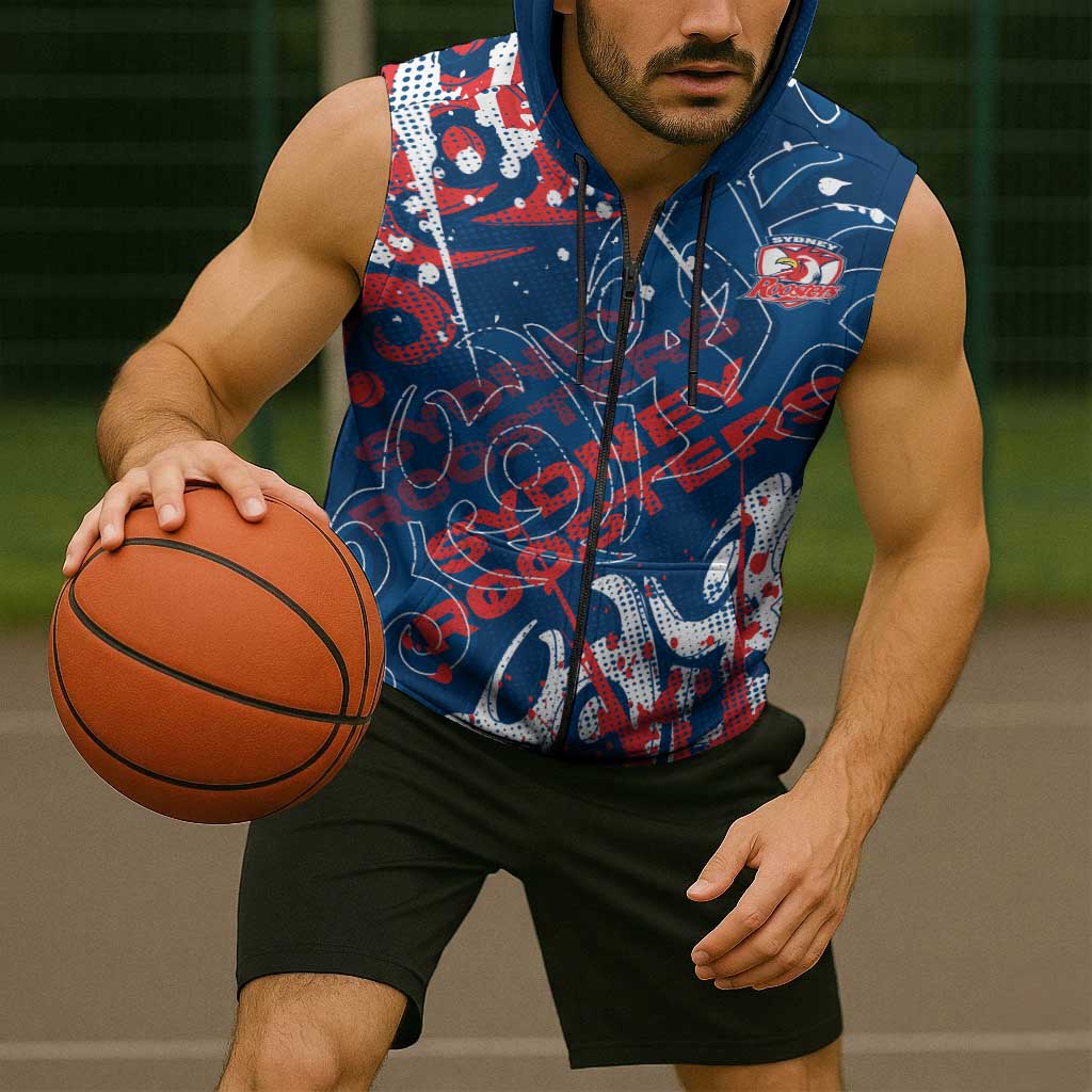 Personalized Sydney Roosters Rugby Sleeveless Zip Hoodie Urban Street Graffiti Style - Distressed Splatter Elements