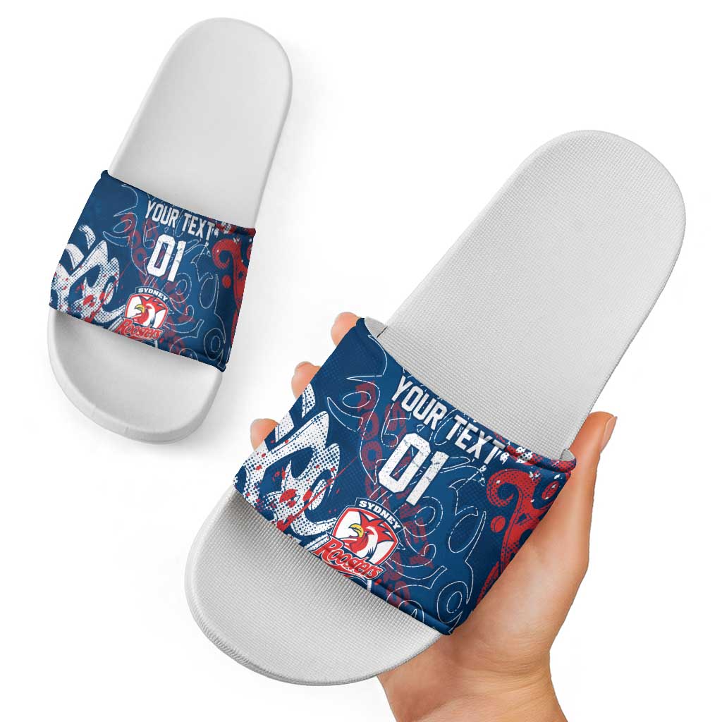 Personalized Sydney Roosters Rugby Slide Sandals Urban Street Graffiti Style - Distressed Splatter Elements