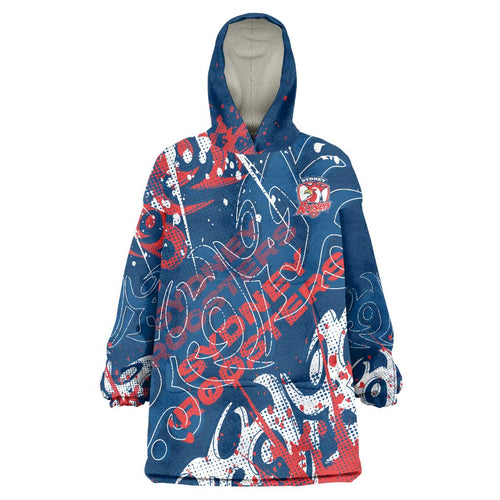 Personalized Sydney Roosters Rugby Wearable Blanket Hoodie Urban Street Graffiti Style - Distressed Splatter Elements