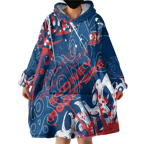 Personalized Sydney Roosters Rugby Wearable Blanket Hoodie Urban Street Graffiti Style - Distressed Splatter Elements