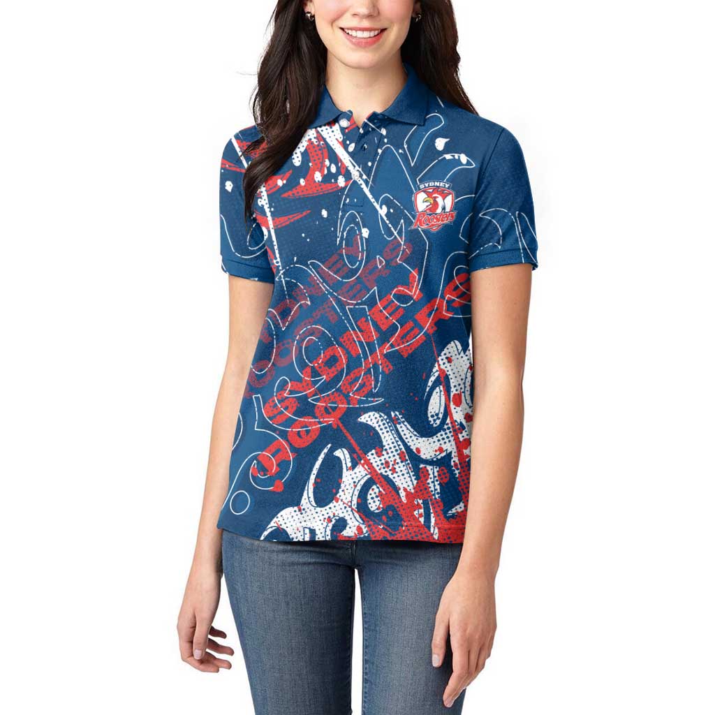 Personalized Sydney Roosters Rugby Women Polo Shirt Urban Street Graffiti Style - Distressed Splatter Elements