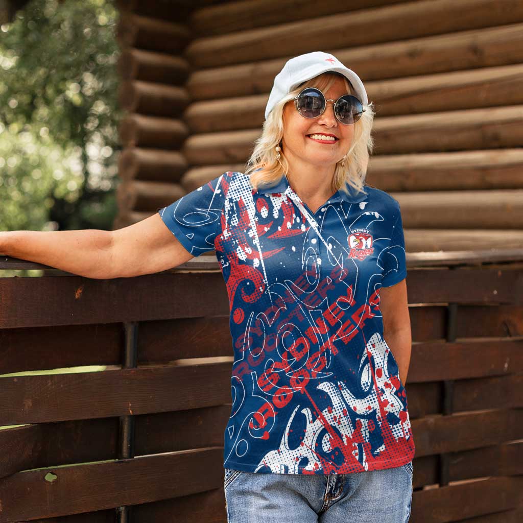Personalized Sydney Roosters Rugby Women Polo Shirt Urban Street Graffiti Style - Distressed Splatter Elements