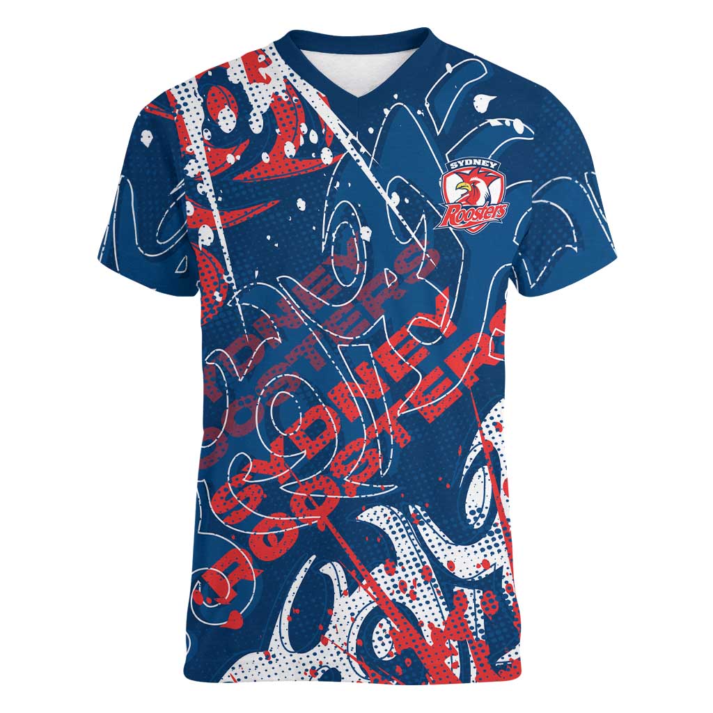 Personalized Sydney Roosters Rugby Women V-Neck T-Shirt Urban Street Graffiti Style - Distressed Splatter Elements