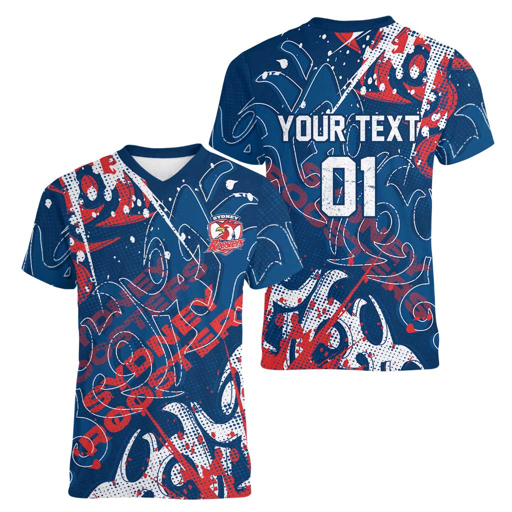 Personalized Sydney Roosters Rugby Women V-Neck T-Shirt Urban Street Graffiti Style - Distressed Splatter Elements