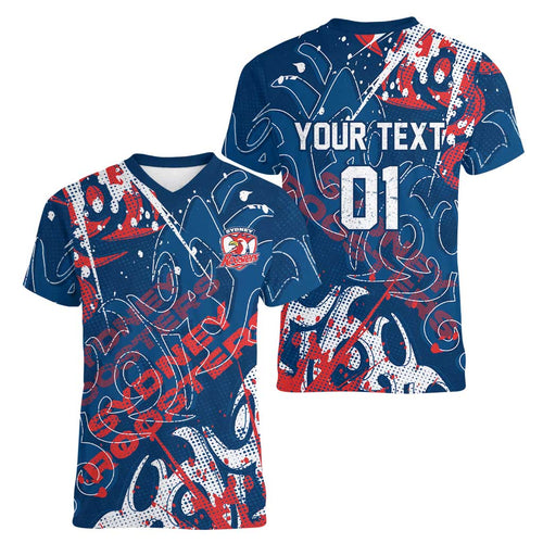 Personalized Sydney Roosters Rugby Women V-Neck T-Shirt Urban Street Graffiti Style - Distressed Splatter Elements