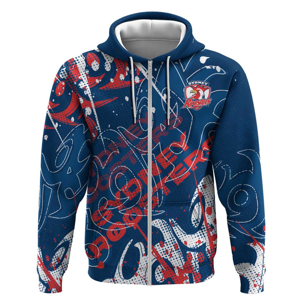 Personalized Sydney Roosters Rugby Zip Hoodie Urban Street Graffiti Style - Distressed Splatter Elements