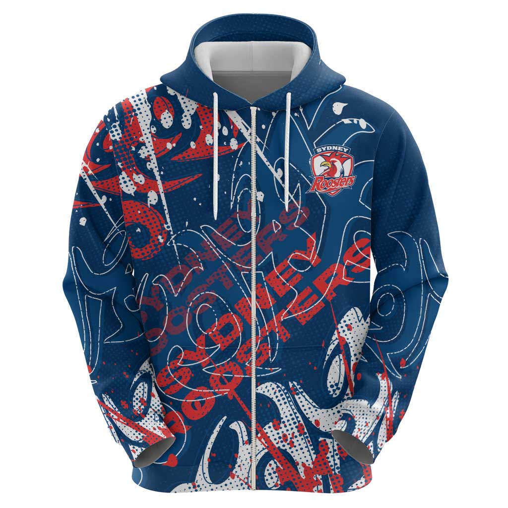Personalized Sydney Roosters Rugby Zip Hoodie Urban Street Graffiti Style - Distressed Splatter Elements